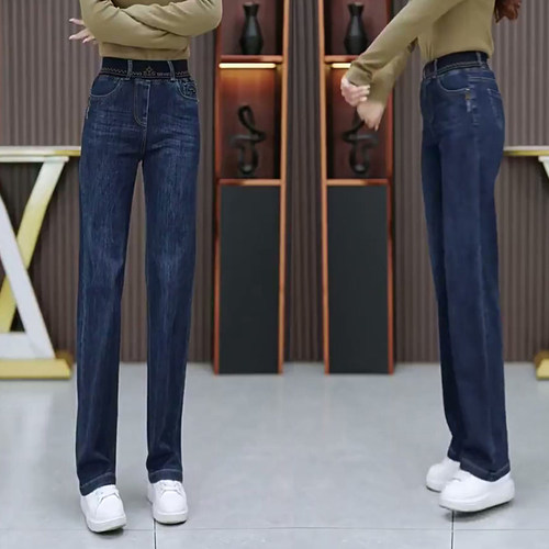 高腰弹力阔腿宽松女士窄版牛仔裤