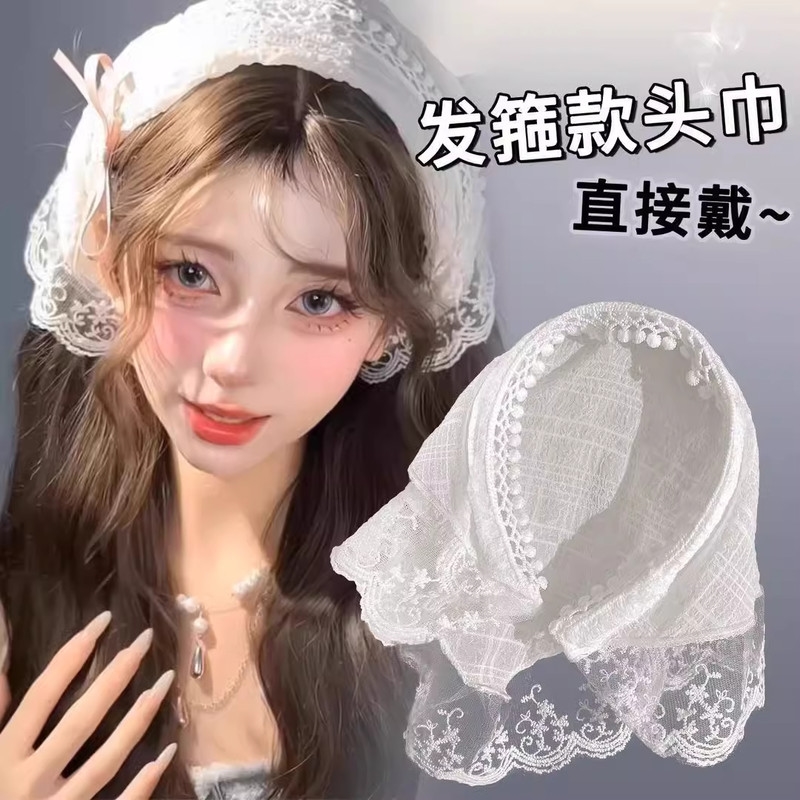 白色蕾丝发箍头巾一体法式三角巾包头方巾帽田园风周也同款发饰女