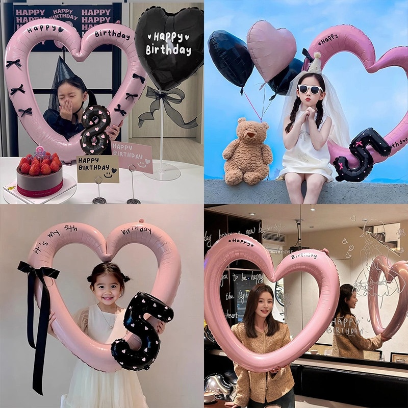 儿童生日装饰镂空大爱心相框铝膜气球拍照道具男女孩派对场景布置