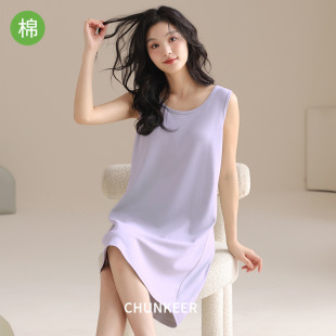 夏季 纯棉睡裙女款 甜美纯色背心套头中长裙子睡衣全棉可外穿家居服