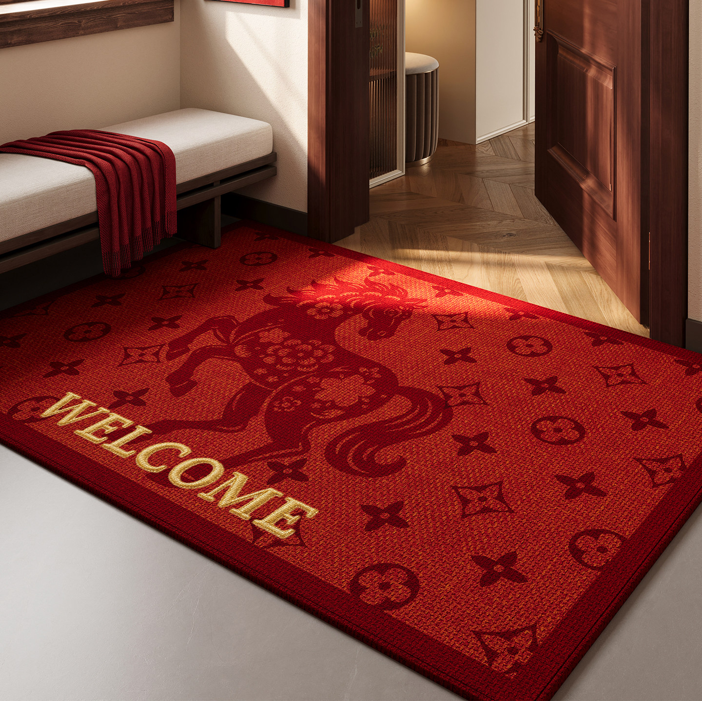 红色马年地垫入户门垫防滑除尘耐磨耐脏喜庆2025新款玄关脚垫地毯