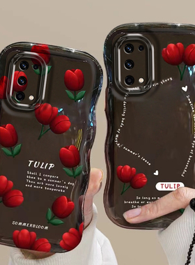 适用于OPPOK7x波浪边郁金香手机壳复古红色花朵OPPOPERM00透明硅胶保护套镜头全包防摔软壳