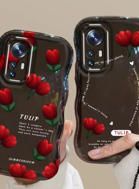 适用于小米12S波浪边郁金香手机壳复古红色花朵小米12SPro全包透明硅胶防摔软壳时尚轻奢风