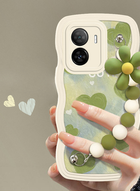 适用于vivoiQOOZ7x网红手机壳小清新绿色爱心挂链新款女vivoV2272A硅胶套全包边防摔软壳创意大波浪