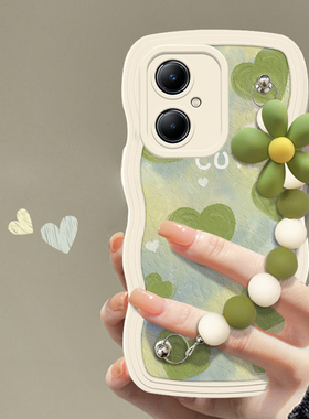 适用于vivoY35+网红波浪边手机壳小清新绿色油画爱心挂链Y35M+创意硅胶保护套vivoV2279A镜头全包防摔软壳