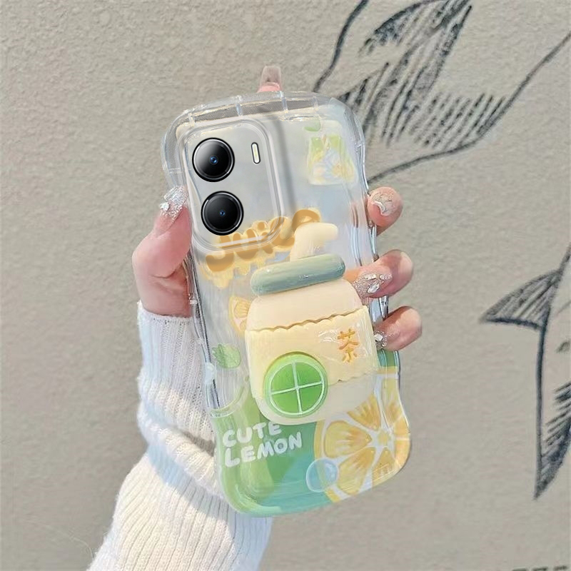 适用于vivoY53t小清新手机壳时尚潮流柠檬茶小熊vivoV2230A透明大波浪保护套镜头全包防摔软壳