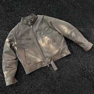 灰色水洗短款牛仔外套男潮春秋立领美式复古废土风工装哈灵顿夹克