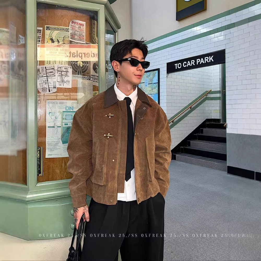 秋冬巴恩风短款牛绒麂皮工装夹克男款潮牌痞帅飞机扣设计感厚外套