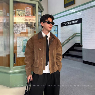 秋冬巴恩风短款牛绒麂皮工装夹克男款潮牌痞帅飞机扣设计感厚外套