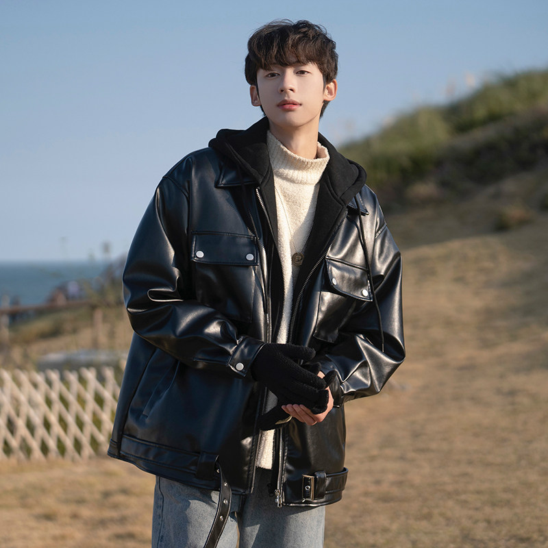 【专柜特价】日系痞帅高级感皮衣外套男春季夹棉加厚假两件夹克棉