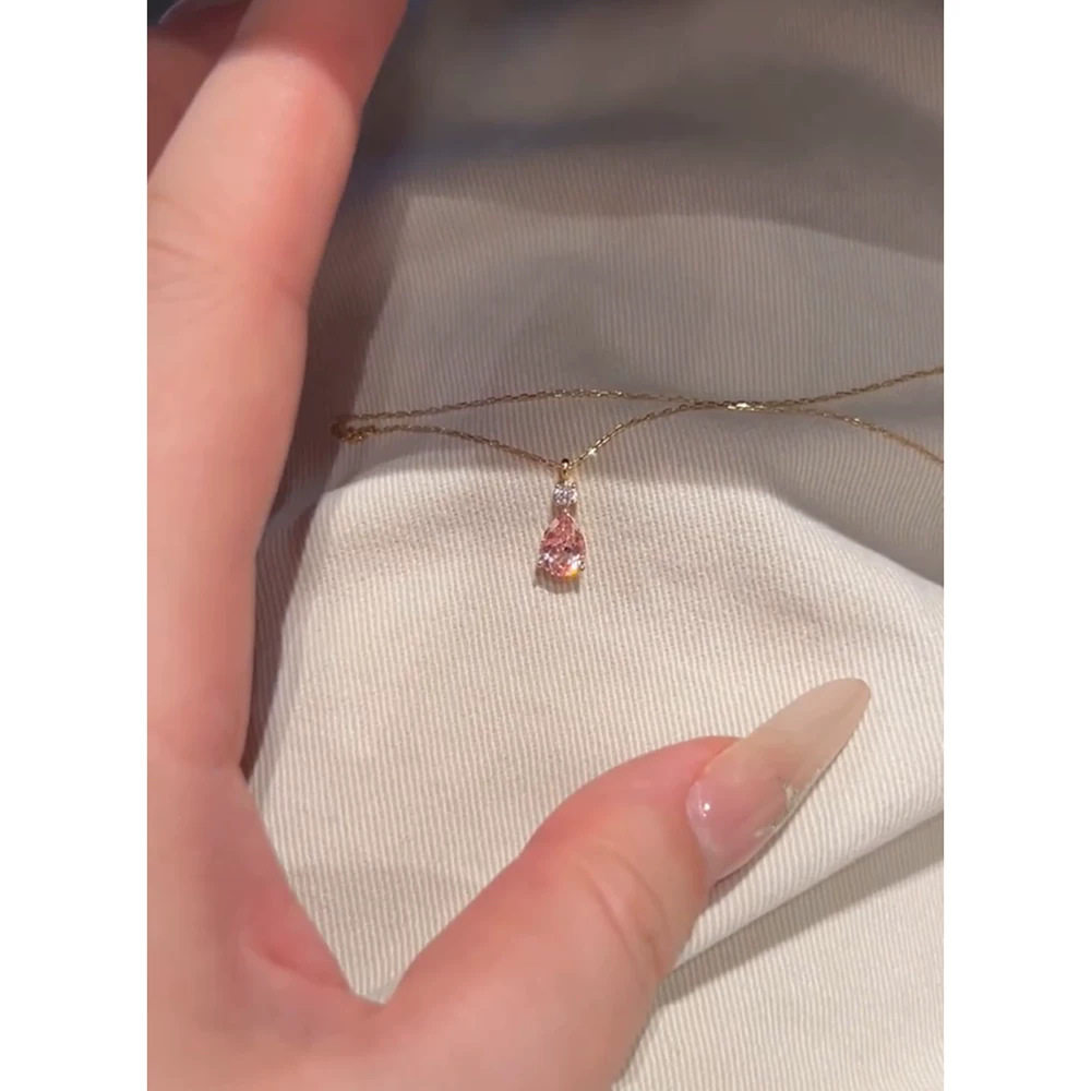 【限时特价】超闪粉色水滴吊坠项链女轻奢小众高级感锁骨链简约时