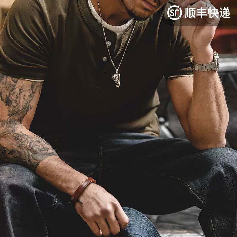 Cleanfit工装 美式复古阿美咔叽短袖亨利衫夏季军绿微弹硬汉T恤男