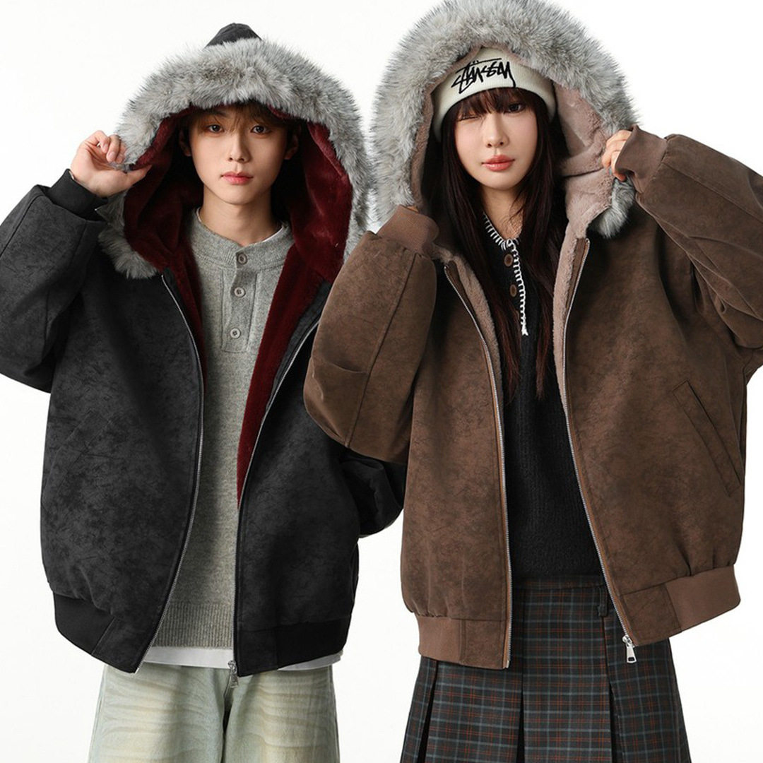 【帅炸了~】冬季新款双两面穿毛领重磅PU皮棉衣男加绒加厚百搭保