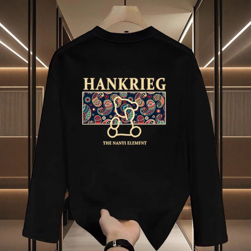 美式潮牌小众设计感印花纯棉重磅长袖T恤男士秋季宽松打底上衣服