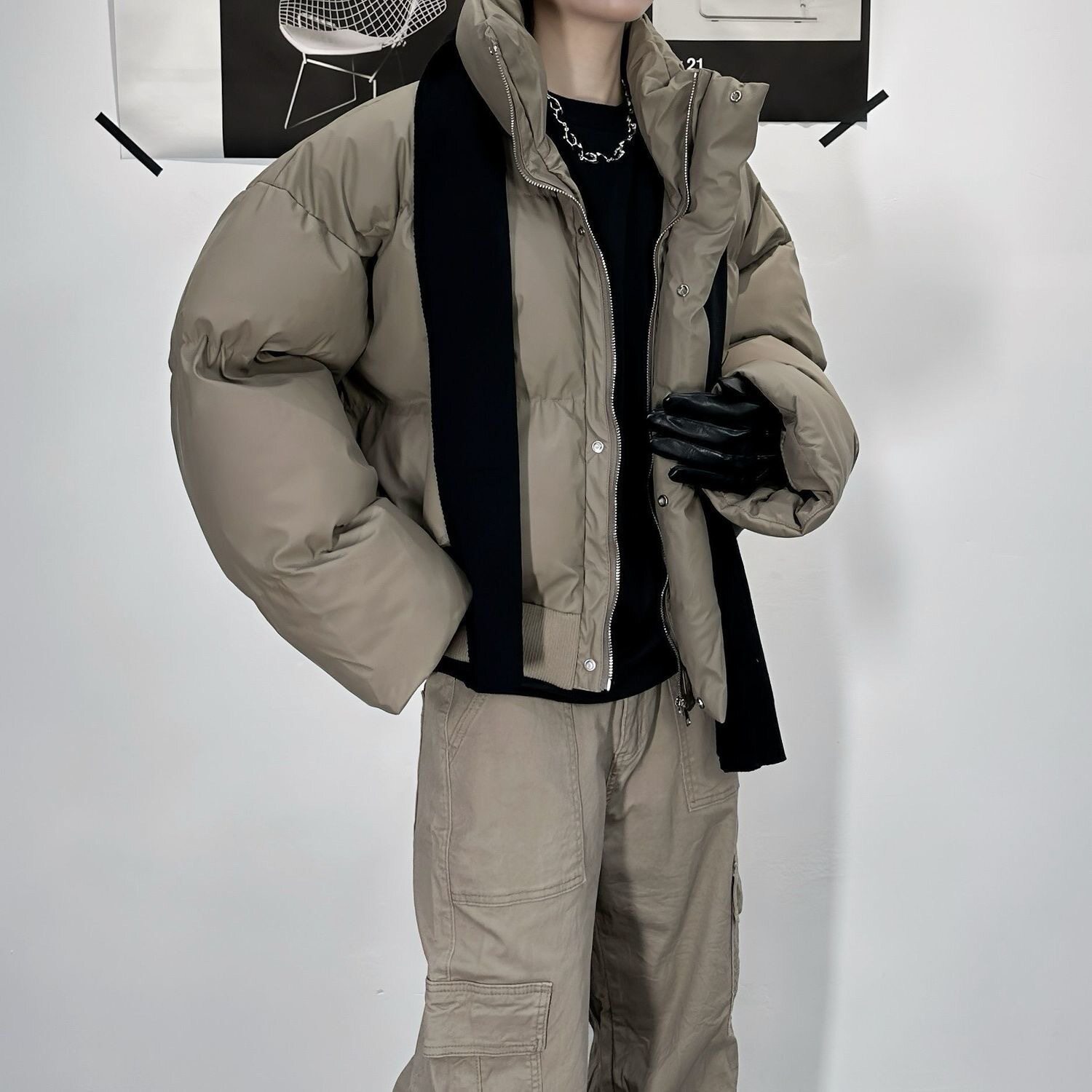 专柜美式冬季复古PU皮宽松短款棉服男女立领高级加厚外套羽绒服男