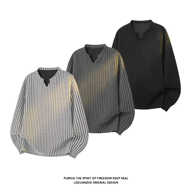 鱼骨纹美式亨利领卫衣男款秋季重磅千鸟格长袖t恤polo内搭打底衫