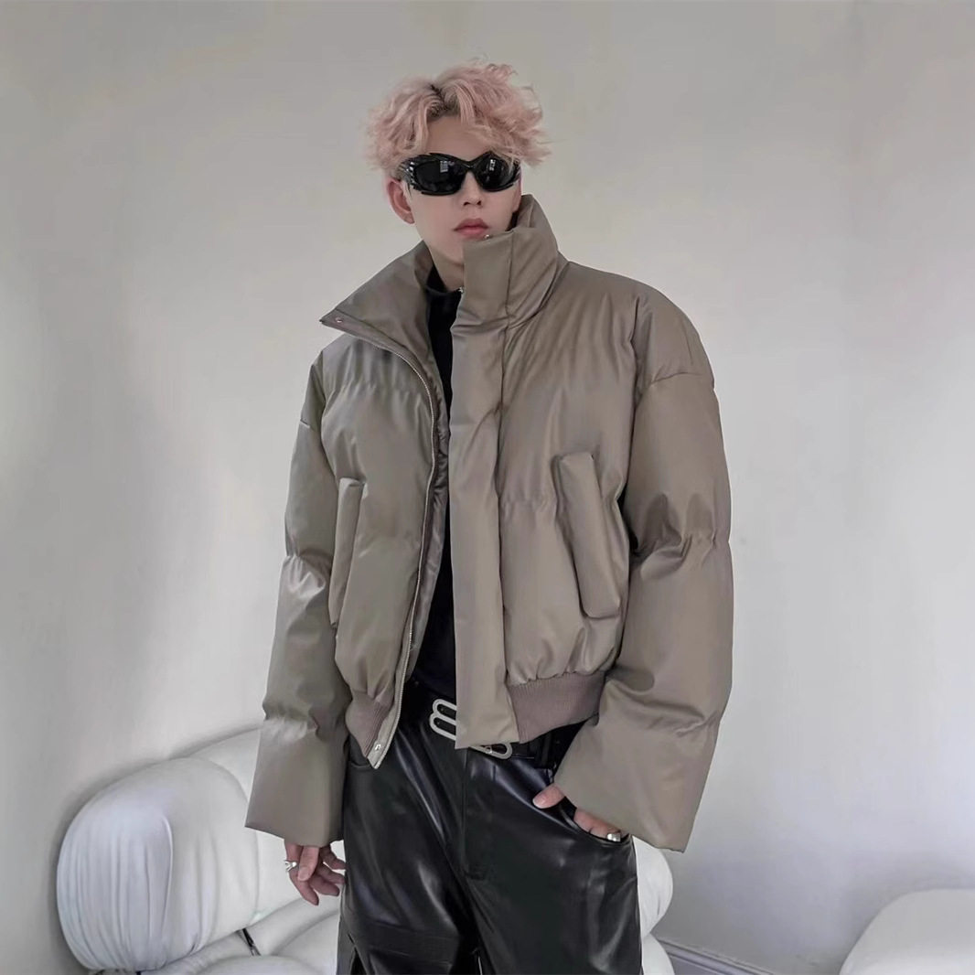 冬季保暖轻厚美式复古短宽款pu皮衣棉服男加厚棕色棉衣袄羽绒服男