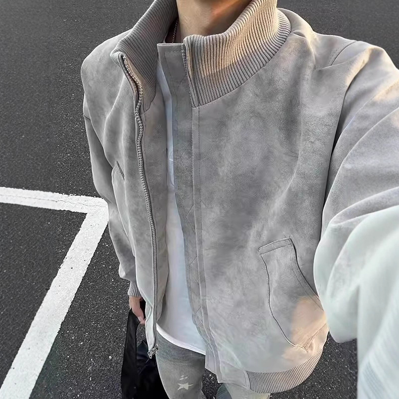 美式立领硬汉飞行夹克男款秋季重磅扎染皮衣外套潮牌bomber棒球服