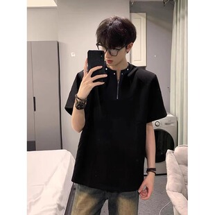 高级感半拉链垫肩t恤男cleanfit短袖美式高街铆钉设计感半袖上衣