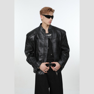 TURNTIDE小众设计感立领机车皮衣男秋冬复古高级宽松垫肩夹克外套