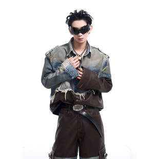 美式复古做旧拼皮破坏牛仔外套男秋冬脏脏夹克2025年高街韩版潮流