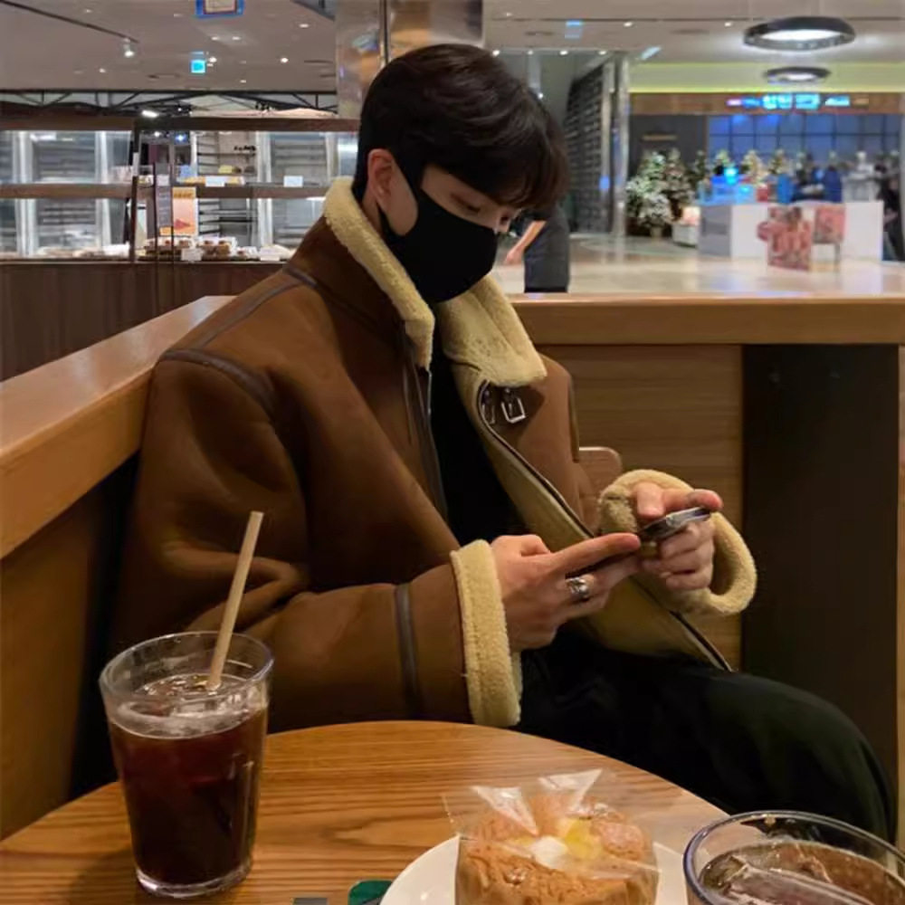 【专柜特价】羊羔毛立领棉衣外套男冬季美式复古机车棉服加厚保暖