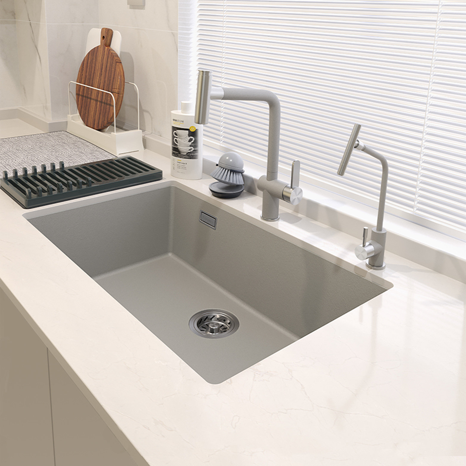 石英石水槽厨房家大单槽台下盆洗菜盆洗碗池花岗岩304不锈钢龙头