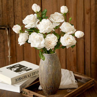 法式烤边多头玫瑰仿真花餐桌花摆花手捧花假花花束摆件仿生花干花