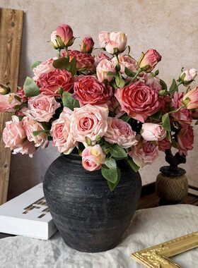 精致油画复古焦边玫瑰花束套装客厅餐桌玄关高级感假花装饰花摆件