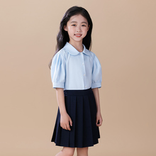 女童短袖蓝色衬衫夏儿童白衬衣校服中大童娃娃领泡泡袖学院风上衣