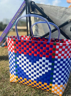 2026新款山姆同款大容量手提包彩色手工编织爱心菜篮子防水收纳包