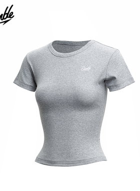 SLAMBLE女子舒适柔软修身运动紧身短袖正肩T恤透气辣妹上衣新款