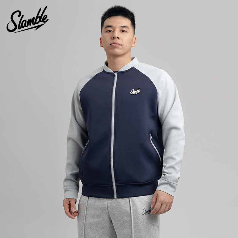 SLAMBLE男士空气层运动棒球服撞色开衫拉链外套夹克插肩袖秋季新