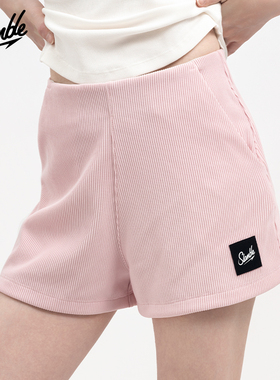 SLAMBLE女子运动休闲短裤高腰有弹力松紧腰竖罗纹显瘦显高