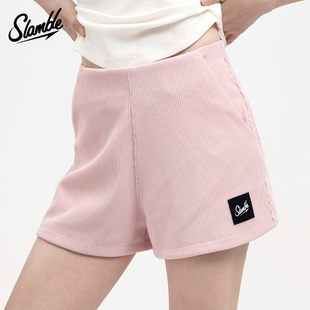 SLAMBLE女子运动休闲短裤 高腰有弹力松紧腰竖罗纹显瘦显高