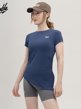 SLAMBLE女士运动莫代尔短袖健身瑜伽服抽绳褶皱显瘦收腰修身上衣