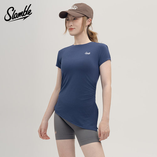 SLAMBLE女士运动莫代尔短袖健身瑜伽服抽绳褶皱显瘦收腰修身上衣