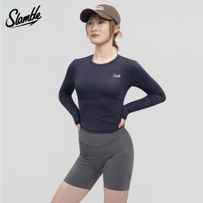 SLAMBLE女士兰精天丝莫代尔正肩修身显瘦运动瑜伽健身麻薯长袖