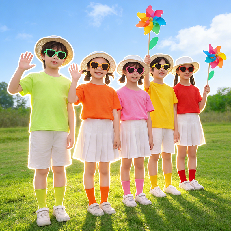 糖果色彩色半袖儿童夏季纯棉纯色圆领t幼儿园小学生演出表演服T恤