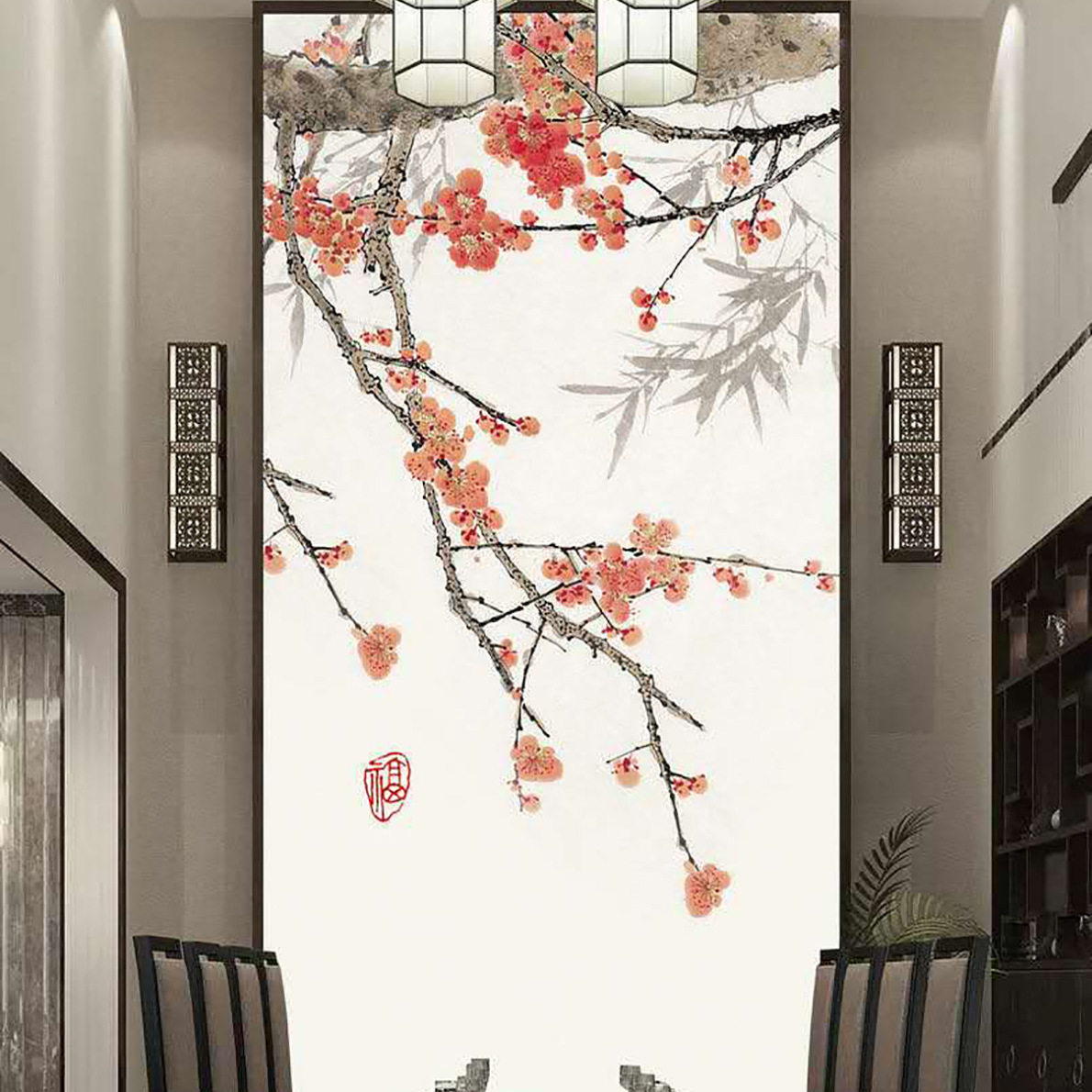 现代简约新中式高端桃花装饰画客厅玄关沙发背景壁画水墨山水壁画