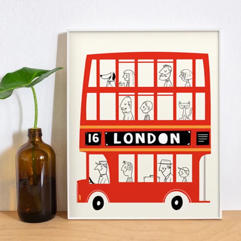 现代简约儿童房伦敦红色公车装饰画卡通男孩床头挂画壁画桌面摆画