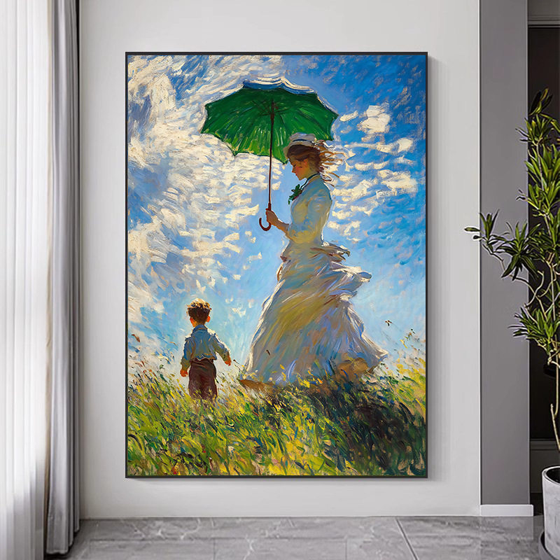 手绘油画莫奈名画撑阳伞的女子玄关装饰画客厅沙发背景墙肌理挂画