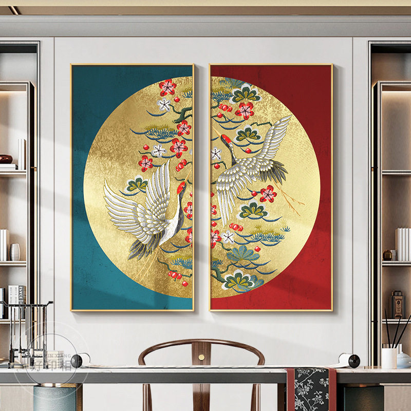 新中式两联竖版客厅挂画中国风酒店茶室书房装饰画中堂画喜庆壁画