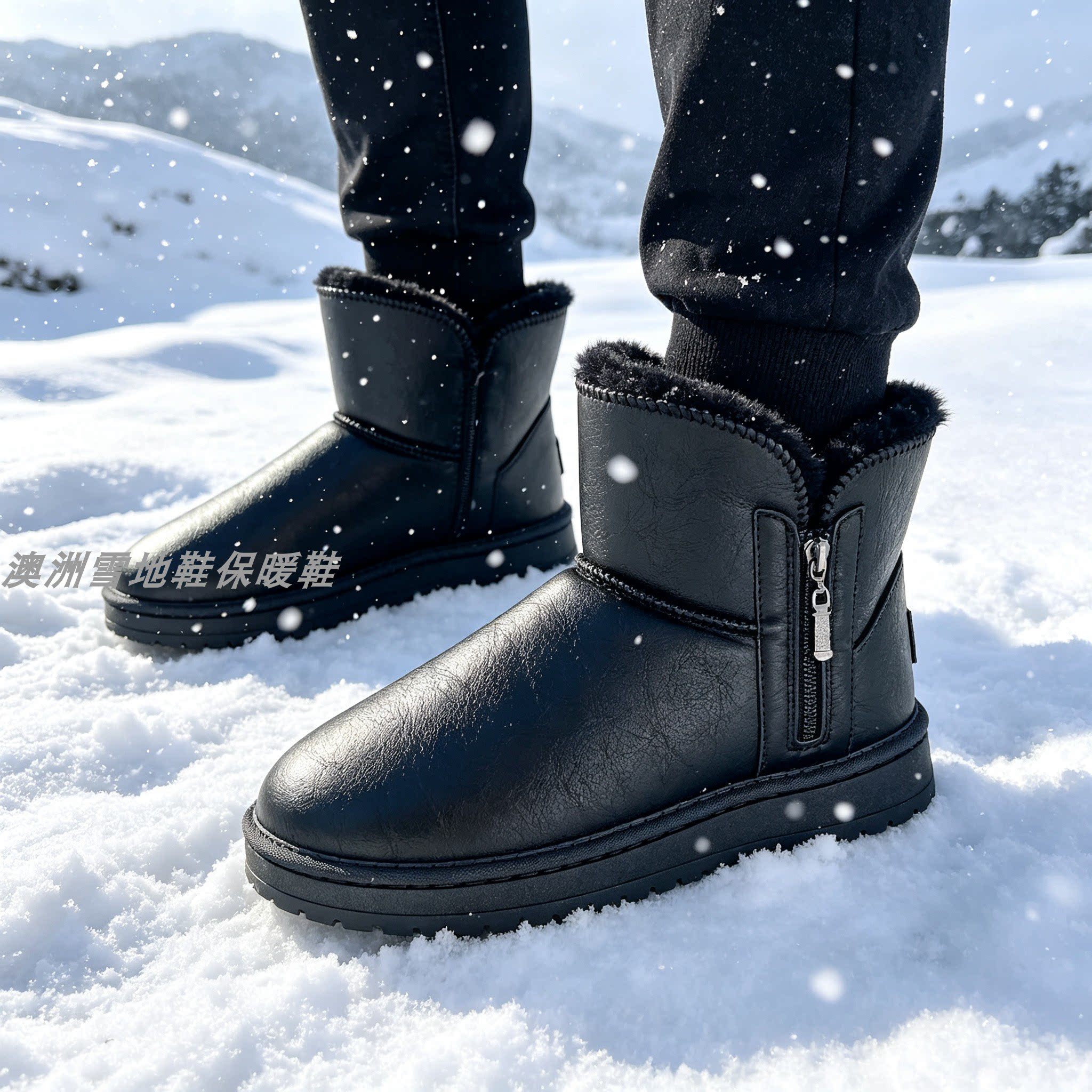 冬季雪地靴男士加绒加厚保暖厚底皮面侧拉链短靴防水防滑防寒棉靴