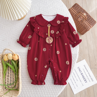 婴儿衣服秋装新生女宝宝国风连体衣满月百天哈衣红色周岁礼服春秋