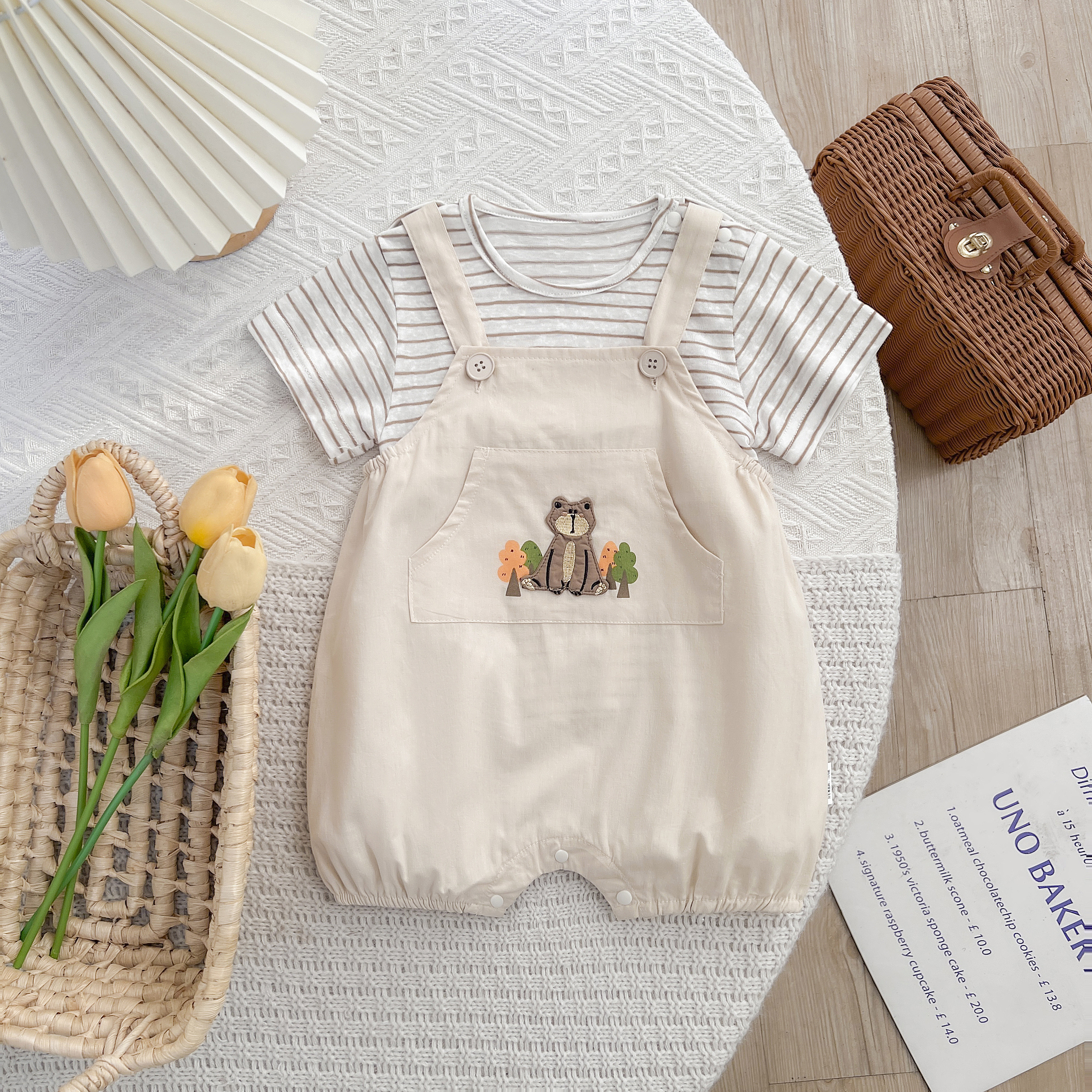 男童背带裤套装夏季婴儿洋气衣服男宝帅气无袖衬衫短裤卡通两件套