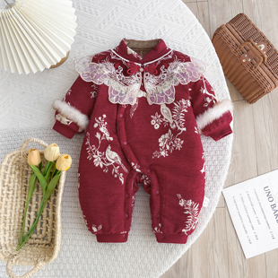 周岁女宝礼服冬装喜庆夹棉连体衣婴儿过年拜年服保暖衣服冬季唐装