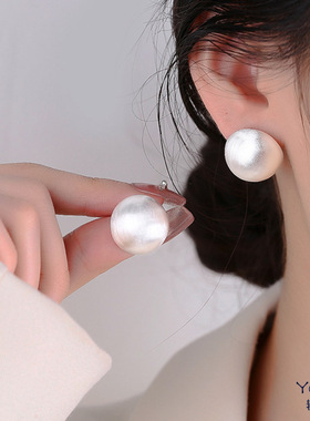 Yooper纯银拉丝气质圆球耳钉女S925银轻奢网红冷淡风小众简约耳环