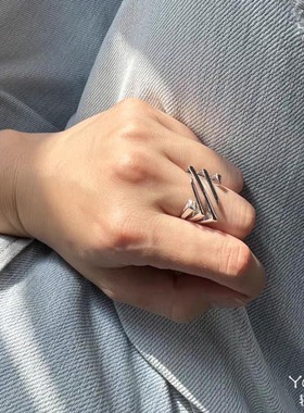 Yooper纯银镂空线条方形戒指女s925银时尚个性小众可调节2024新款