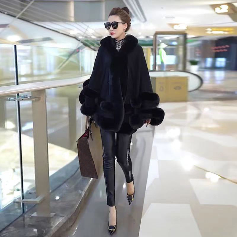跨境亚马逊欧美女秋冬毛衣外套仿獭兔毛领两层毛毛披肩斗篷针织开
